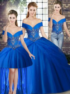 Customized Sleeveless Tulle Brush Train Lace Up Quinceanera Dress in Royal Blue with Beading and Pick Ups