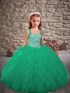 Lovely Beading and Ruffles Pageant Gowns For Girls Turquoise Lace Up Sleeveless Floor Length