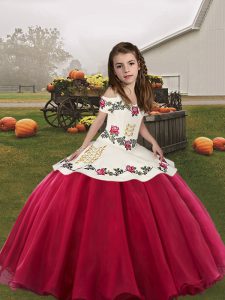 Best Coral Red Sleeveless Organza Lace Up Little Girls Pageant Dress for Party and Wedding Party