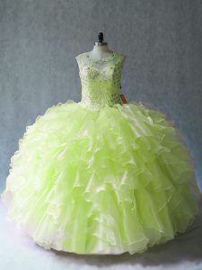 Elegant Yellow Green Scoop Lace Up Beading and Ruffles Quinceanera Gown Sleeveless