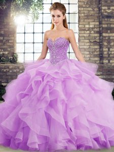 Great Sleeveless Brush Train Beading and Ruffles Lace Up Ball Gown Prom Dress