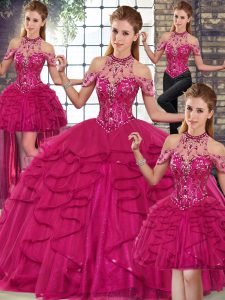 Ball Gowns Quinceanera Dresses Fuchsia Halter Top Tulle Sleeveless Floor Length Lace Up