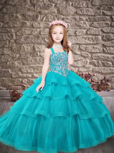 High Quality Sleeveless Sweep Train Embroidery and Ruffled Layers Lace Up Little Girls Pageant Dress Wholesale