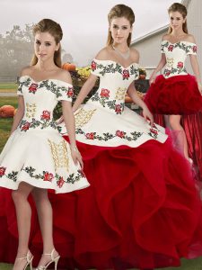 White And Red Sleeveless Tulle Lace Up Quinceanera Gown for Military Ball and Sweet 16 and Quinceanera
