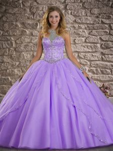 Lavender Ball Gowns Halter Top Sleeveless Tulle Brush Train Lace Up Beading Vestidos de Quinceanera