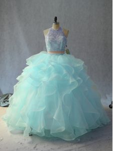 Gorgeous Light Blue Two Pieces Scoop Sleeveless Beading and Ruffles Floor Length Backless Quinceanera Gowns