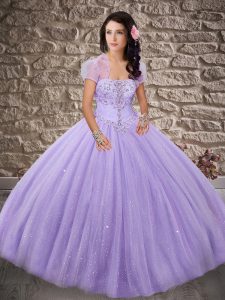 Lavender Lace Up Strapless Beading Quince Ball Gowns Tulle Sleeveless Sweep Train