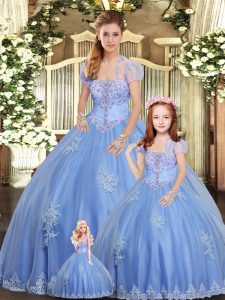 Best Light Blue Sleeveless Floor Length Beading and Appliques Lace Up Quinceanera Gown