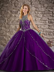 Purple Ball Gowns Beading Vestidos de Quinceanera Lace Up Tulle Sleeveless
