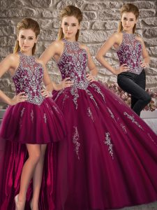 Superior Halter Top Sleeveless Quinceanera Dress Brush Train Beading and Appliques Purple Tulle