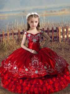 Embroidery and Ruffled Layers Child Pageant Dress Red Lace Up Sleeveless Floor Length