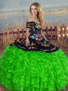 Floor Length Green Sweet 16 Quinceanera Dress Off The Shoulder Short Sleeves Lace Up