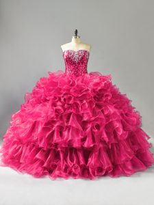 Artistic Hot Pink Ball Gowns Organza Sweetheart Sleeveless Beading and Ruffles Floor Length Lace Up Quince Ball Gowns