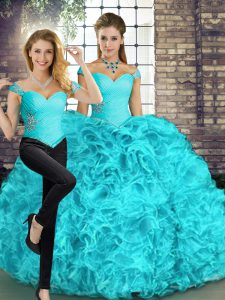 Fashion Aqua Blue Organza Lace Up Off The Shoulder Sleeveless Floor Length Quinceanera Gown Beading and Ruffles