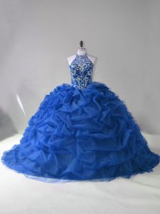 Sleeveless Organza Court Train Lace Up Quince Ball Gowns in Blue with Beading and Pick Ups