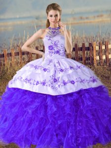 Glamorous Organza Halter Top Sleeveless Court Train Lace Up Embroidery and Ruffles Sweet 16 Quinceanera Dress in Blue