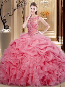 Inexpensive Scoop Sleeveless Organza Quinceanera Gown Beading and Ruffles and Pick Ups Lace Up
