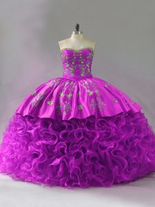 Enchanting Sleeveless Beading and Embroidery and Ruffles Lace Up Vestidos de Quinceanera with Fuchsia Brush Train