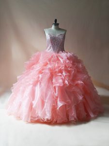 Fashionable Sleeveless Lace Up Floor Length Beading and Ruffles Quince Ball Gowns