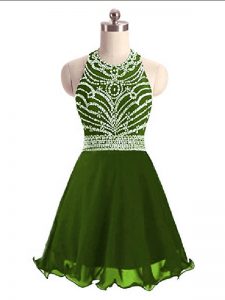 Olive Green Chiffon Lace Up Halter Top Sleeveless Mini Length Prom Party Dress Beading