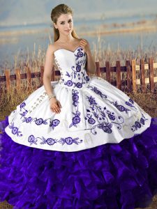 Purple Ball Gowns Sweetheart Sleeveless Satin and Organza Floor Length Lace Up Embroidery 15th Birthday Dress