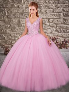 Custom Designed Rose Pink Ball Gowns V-neck Sleeveless Tulle Brush Train Zipper Beading Quinceanera Dress
