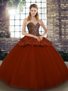 Floor Length Rust Red Quinceanera Gowns Sweetheart Sleeveless Lace Up