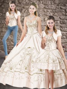 Floor Length White 15 Quinceanera Dress Satin Sleeveless Beading and Embroidery