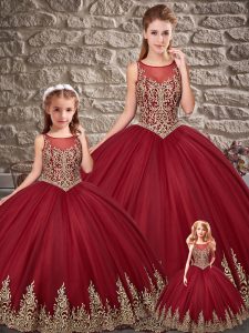 Affordable Sleeveless Lace Up Floor Length Embroidery Quince Ball Gowns