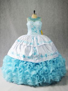 Stunning Baby Blue Ball Gowns Beading and Embroidery and Ruffles Quinceanera Gowns Lace Up Fabric With Rolling Flowers S