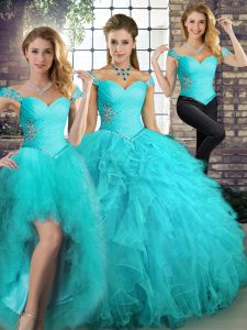 Aqua Blue Three Pieces Tulle Off The Shoulder Sleeveless Beading and Ruffles Floor Length Lace Up Quinceanera Dresses