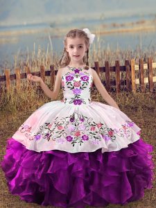 Customized Purple Sleeveless Floor Length Embroidery and Ruffles Lace Up Pageant Gowns For Girls