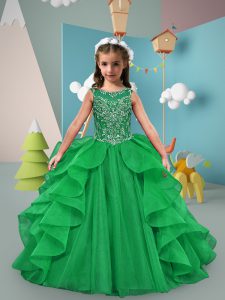 Green Little Girls Pageant Gowns Wedding Party with Beading and Ruffles Scoop Sleeveless Sweep Train Lace Up