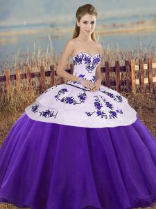 Extravagant Floor Length White And Purple 15th Birthday Dress Tulle Sleeveless Embroidery and Bowknot