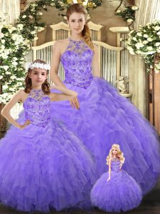 On Sale Lavender Lace Up Quinceanera Gowns Beading and Ruffles Sleeveless Floor Length