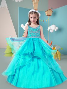 High Class Scoop Sleeveless Little Girl Pageant Dress Floor Length Beading and Ruffles Aqua Blue Tulle
