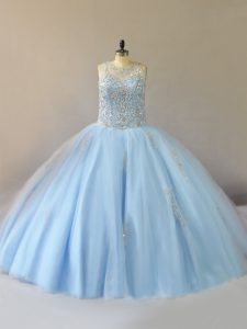 Nice Floor Length Lace Up Sweet 16 Dress Light Blue for Sweet 16 and Quinceanera with Beading