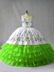 Designer Floor Length Sweet 16 Dress Satin and Organza Sleeveless Embroidery and Ruffled Layers