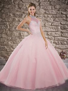 Tulle Halter Top Sleeveless Brush Train Lace Up Beading 15th Birthday Dress in Baby Pink
