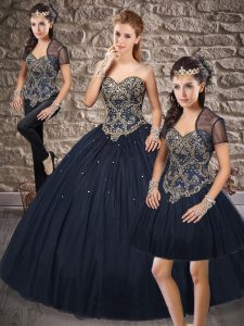 Best Lace Up Sweet 16 Dresses Navy Blue for Military Ball and Sweet 16 and Quinceanera with Beading Brush Train