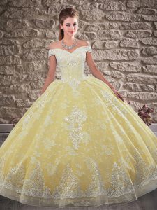 Suitable Yellow Lace Up Ball Gown Prom Dress Beading and Appliques Sleeveless Brush Train