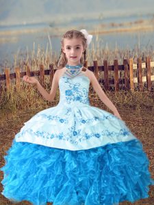 Best Baby Blue Ball Gowns Halter Top Sleeveless Organza Floor Length Lace Up Beading and Embroidery and Ruffles Little G