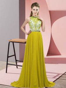 Olive Green Empire Beading Prom Gown Backless Chiffon Sleeveless
