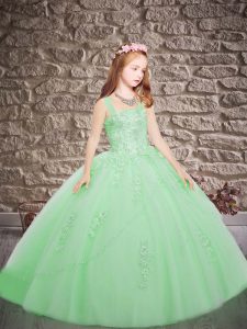 Green Little Girl Pageant Gowns Tulle Brush Train Sleeveless Appliques