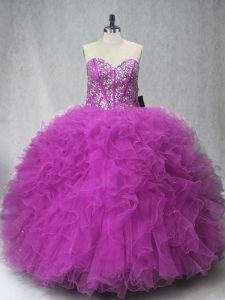 Ideal Floor Length Lace Up Ball Gown Prom Dress Fuchsia for Sweet 16 and Quinceanera with Beading and Ruffles