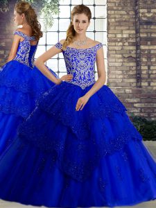 Beading and Lace Quinceanera Dresses Royal Blue Lace Up Sleeveless Brush Train