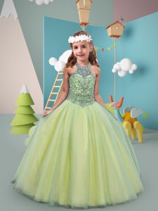 Fancy Tulle Halter Top Sleeveless Sweep Train Lace Up Beading Little Girls Pageant Dress in Yellow Green