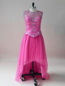 Hot Pink Empire Tulle Scoop Sleeveless Beading High Low