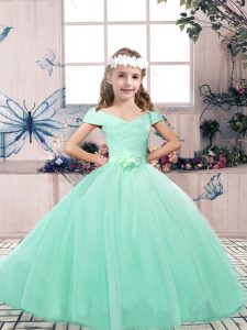 Apple Green Tulle Lace Up Little Girls Pageant Dress Wholesale Sleeveless Floor Length Lace and Belt