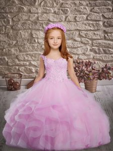 Low Price Lilac Straps Neckline Beading and Appliques and Ruffles Little Girls Pageant Gowns Sleeveless Lace Up